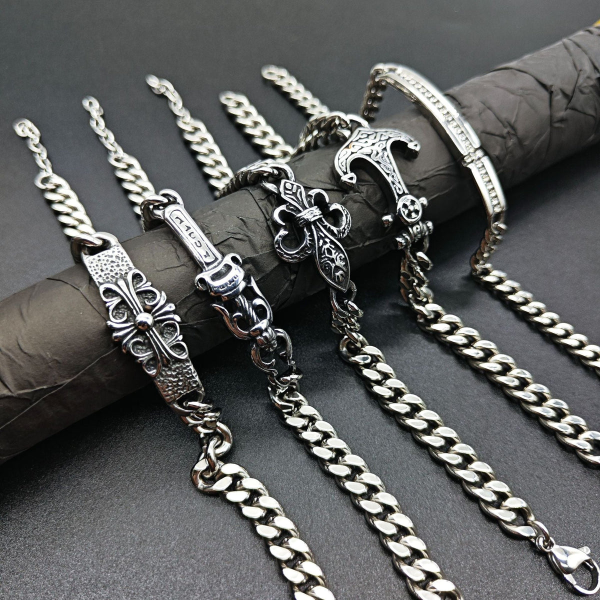 Chrome Hearts Silver Cuban chain curved bracelet